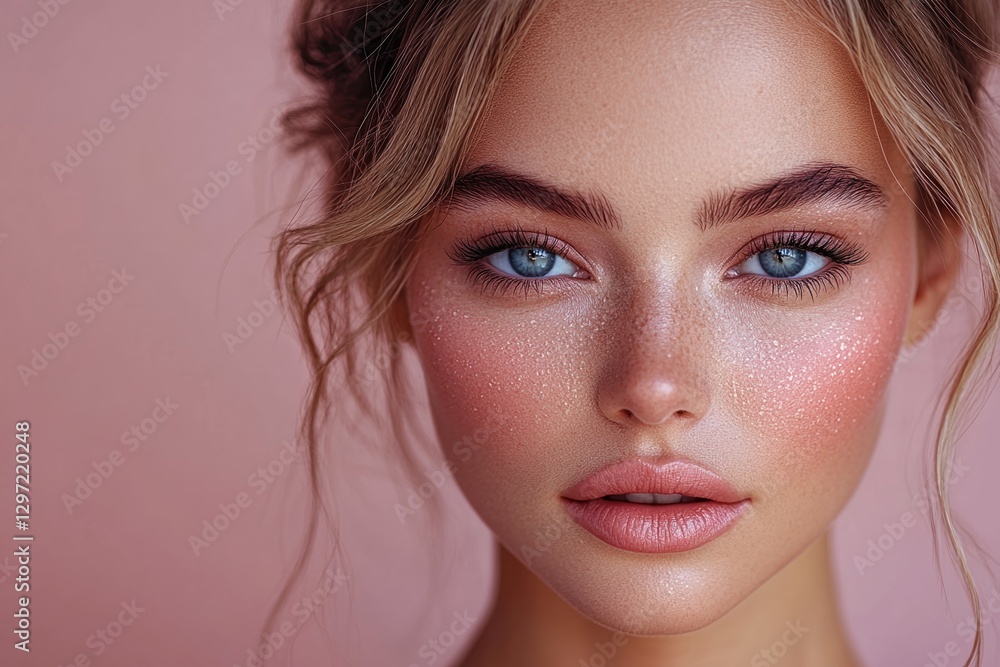 Stunning close-up portrait capturing glowing skin and vibrant blue eyes with soft pink background Stunning close-up portrait capturing glowing skin and vibrant blue eyes with soft pink background