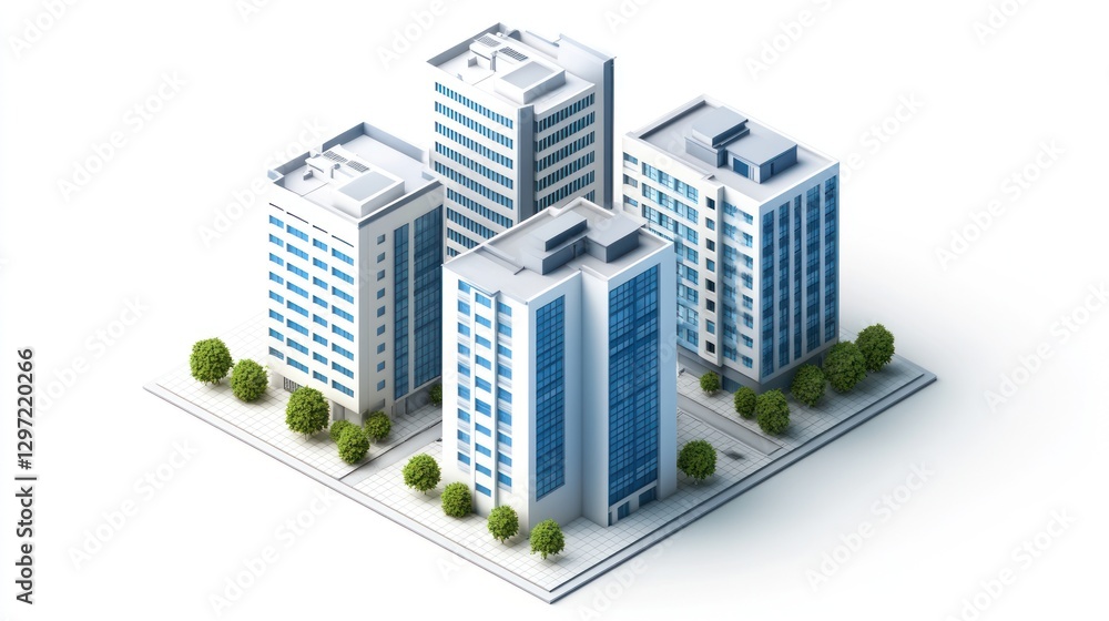 Cityscape, isometric view, buildings, trees, white background, urban development illustration Cityscape, isometric view, buildings, trees, white background, urban development illustration