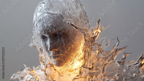 Surreal burning human figure wrapped in transparent plastic with glowing fiery textures