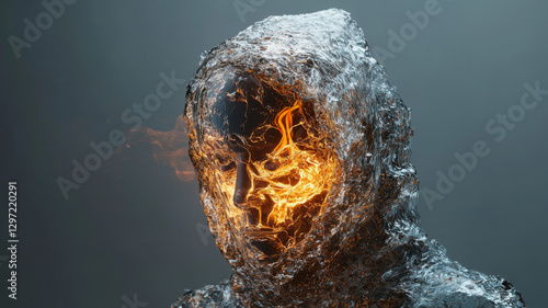 Surreal burning human figure wrapped in transparent plastic with glowing fiery textures