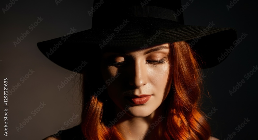 Portrait of young caucasian female with red hair wearing black hat in soft lighting Portrait of young caucasian female with red hair wearing black hat in soft lighting