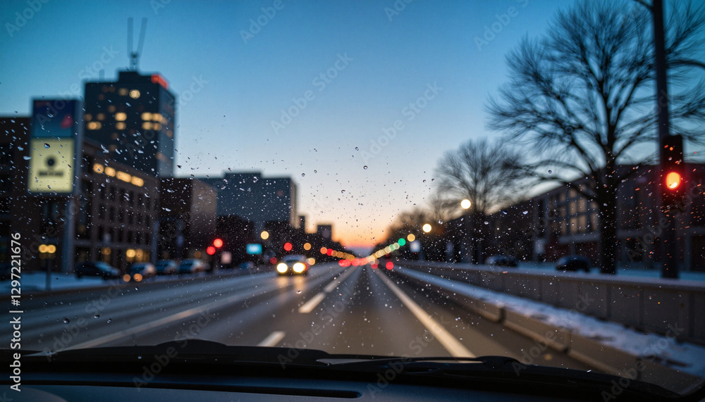 Fototapeta premium Twilight city view through raindrops on windshield, urban tranquility