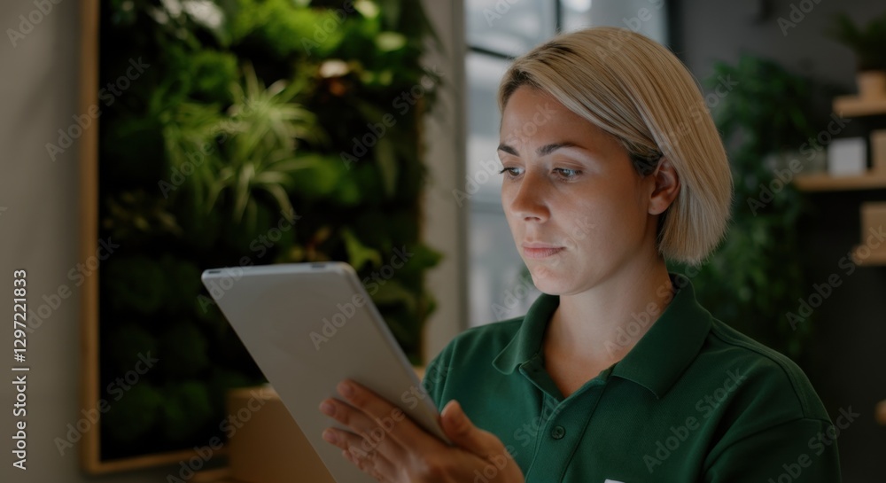 Caucasian female adult using tablet in indoor garden setting Caucasian female adult using tablet in indoor garden setting