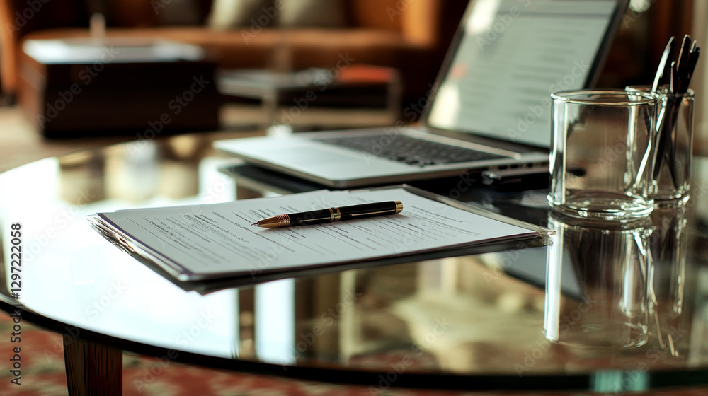 A glass table with documents, a pen, and a laptop ready for a meeting A glass table with documents, a pen, and a laptop ready for a meeting