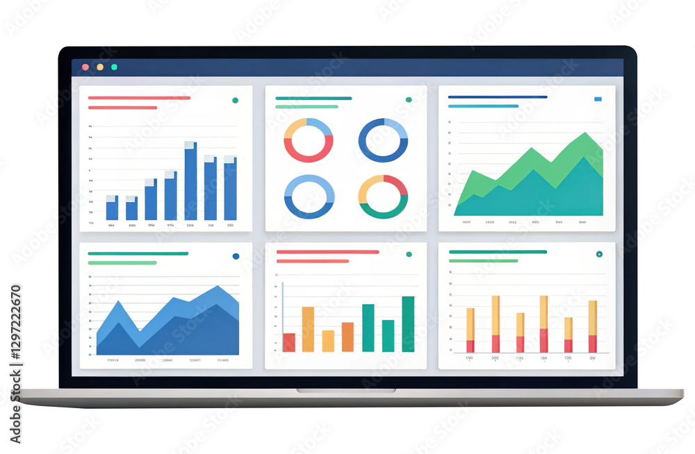 Data visualization on laptop screen featuring various charts and graphs, including bar charts, line graphs, and pie charts, showcasing analytical insights and trends Data visualization on laptop screen featuring various charts and graphs, including bar charts, line graphs, and pie charts, showcasing analytical insights and trends