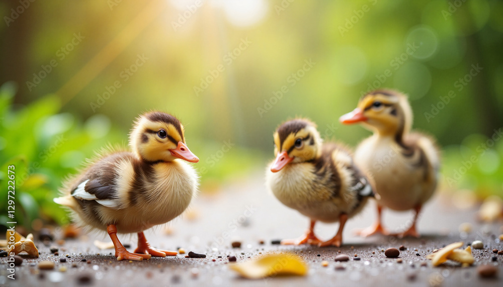 Three ducklings exploring a pathway in a sunny garden Three ducklings exploring a pathway in a sunny garden