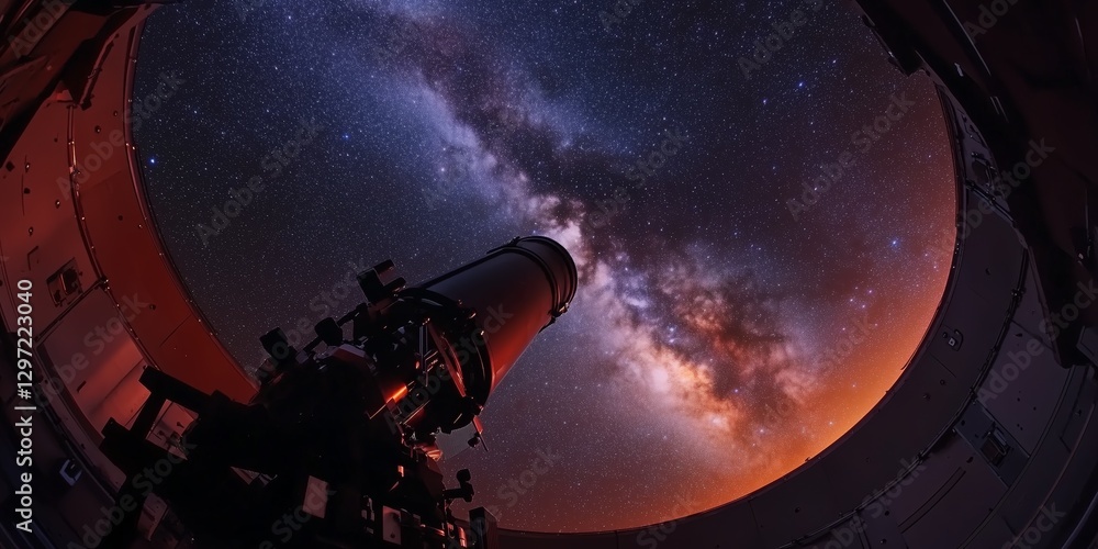 Telescope observing the vastness of a starry night sky with the Milky Way in view at an observatory Telescope observing the vastness of a starry night sky with the Milky Way in view at an observatory