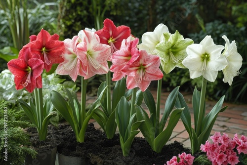 Vibrant Amaryllis Blooms: A Stunning Display of Red and White Hippeastrum in a Lush Garden Setting