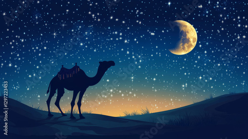 Camel under a starry night sky with a glowing crescent moon in the desert
