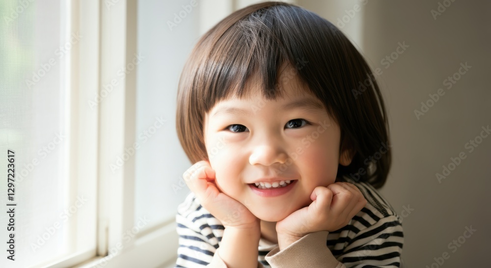 Smiling asian female child in striped shirt by sunny window Smiling asian female child in striped shirt by sunny window