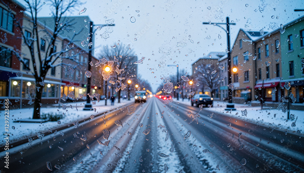 Obraz premium Icy window reflections on snowy street at dusk, winter serenity