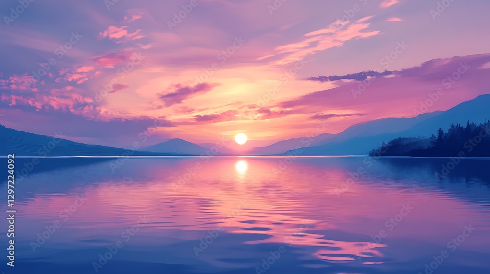 Fototapeta premium A serene sunset over a calm ocean with soft waves