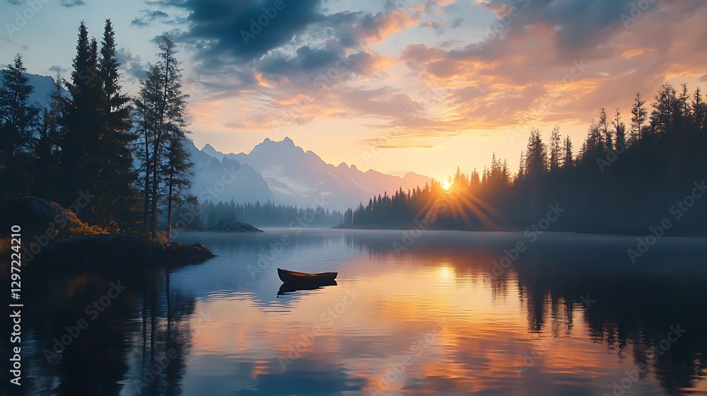 Fototapeta premium A serene sunset over a calm ocean with soft waves