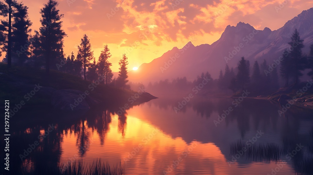 Fototapeta premium A serene sunset over a calm ocean with soft waves