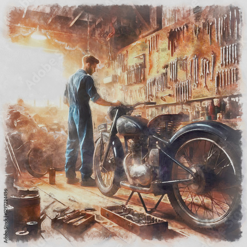 Painting of the interior of an old motorcycle workshop with a young mechanic, workbench and tools