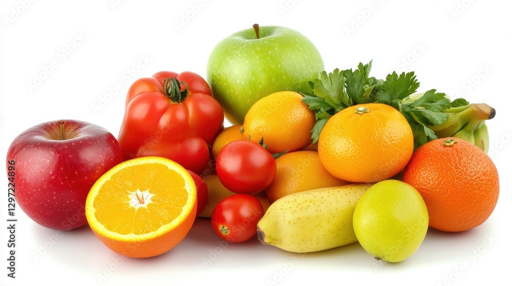 Vibrant Collection of Fresh Fruits and Vegetables: Apples, Oranges, Bananas, and Tomatoes on a Bright Background Vibrant Collection of Fresh Fruits and Vegetables: Apples, Oranges, Bananas, and Tomatoes on a Bright Background