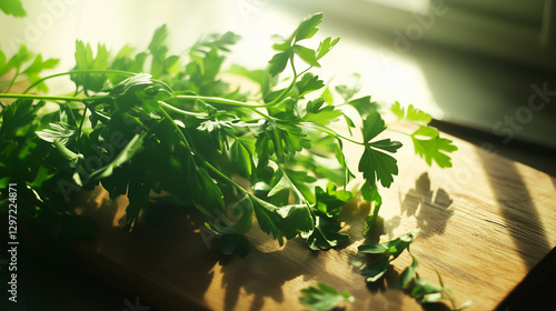 resh parsley on cutting board, soft natural light, culinary mood photo