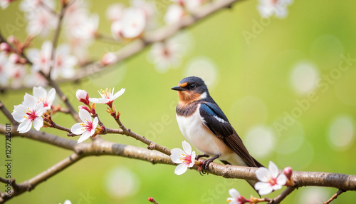 Wallpaper Mural Swallow bird perched on cherry blossom branch against green background Torontodigital.ca