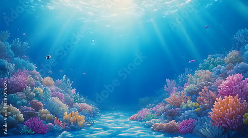 A vibrant and colorful cartoon seafloor with coral reefs, marine life
