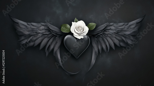 Elegant White Rose With Black Feather Wing On Dark Satin Background