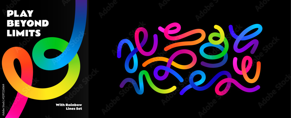 Fototapeta premium Lines with Color Gradient. Abstract Vector 3D Shapes. Wave Design Elements for Backgrounds, Patterns, Posters and Banners. Wavy Rainbow Ribbons. Spiral Geometric Graphics