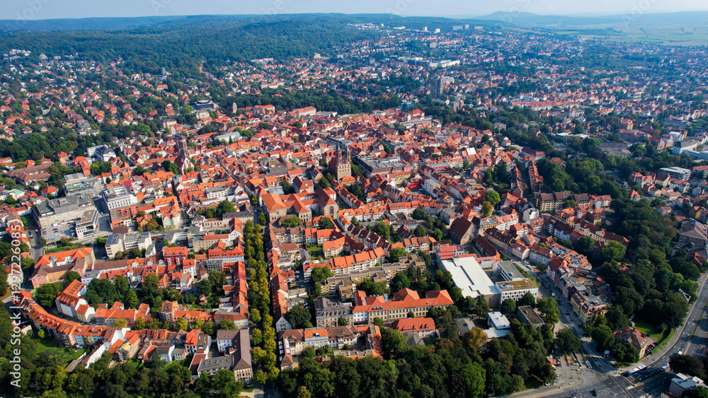 Aerial panorama view around the old town of the city Göttingen in Germany on a sunny morning in spring.