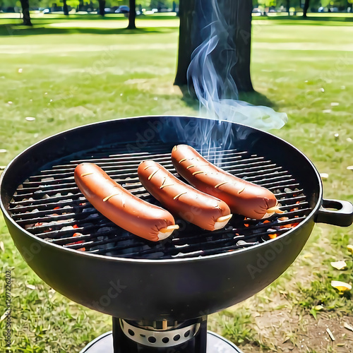 Grilling hotdogs in a park during summr  photo