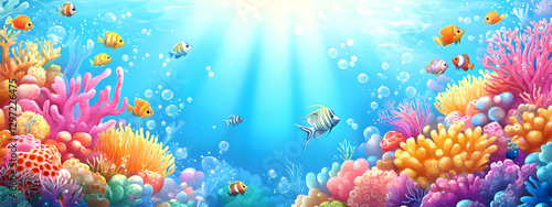 A vibrant and colorful cartoon seafloor with coral reefs, marine life
