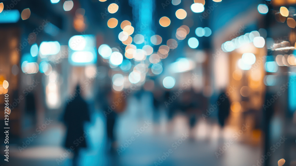 Blurred city street scene with glowing bokeh lights in blue and orange tones, featuring silhouettes of people walking in a busy urban environment Blurred city street scene with glowing bokeh lights in blue and orange tones, featuring silhouettes of people walking in a busy urban environment