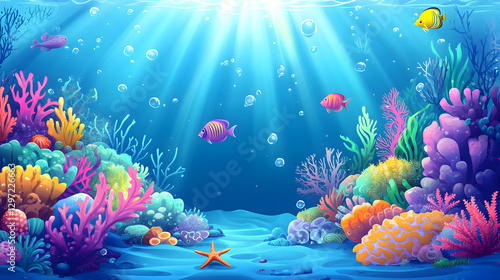 A vibrant and colorful cartoon seafloor with coral reefs, marine life
