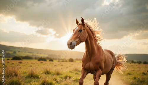 Wallpaper Mural Running horse in golden light on grassy field Torontodigital.ca