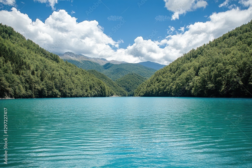 Obraz premium Svaneti Serenity: Emerald Lake Nestled Amidst Breathtaking Caucasian Mountains and Lush Green Landscape