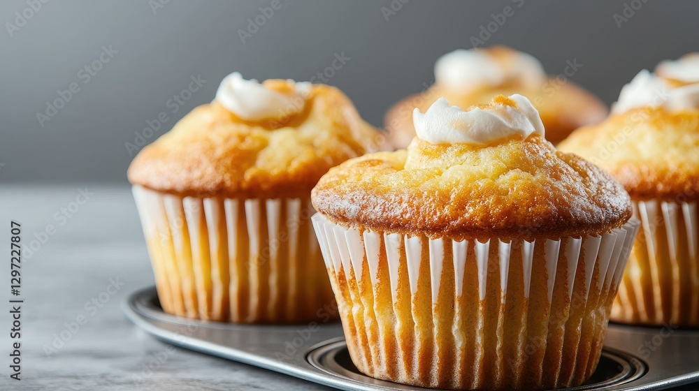 Delicious lemon muffins, kitchen counter, baking tray, grey background, food blog