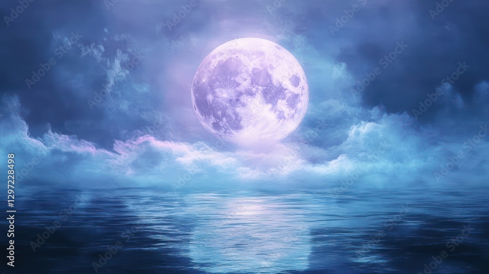 A beautiful moon hangs over the calm water at night A beautiful moon hangs over the calm water at night