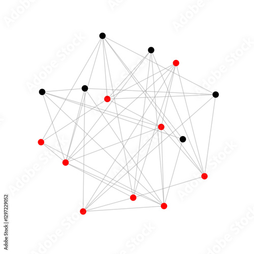 Abstract isolated network visualization, red and black nodes interconnected by clean lines. Mathematical complexity rendered with minimalist elegance, perfect for data science, AI concepts.
