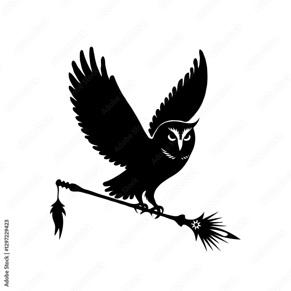 Obraz premium This enchanting black-and-white illustration blends elements of wildlife and fantasy, showcasing a dark silhouette of an owl soaring through the night sky. The owl, with its wings spread wide, carries