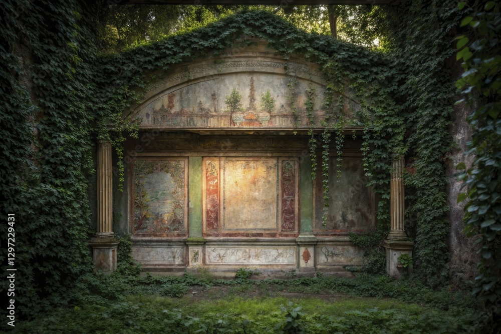 Fototapeta premium Beautifully overgrown, ivy-laden ancient wall, featuring faded frescoes and classical columns, situated in a serene, lush setting