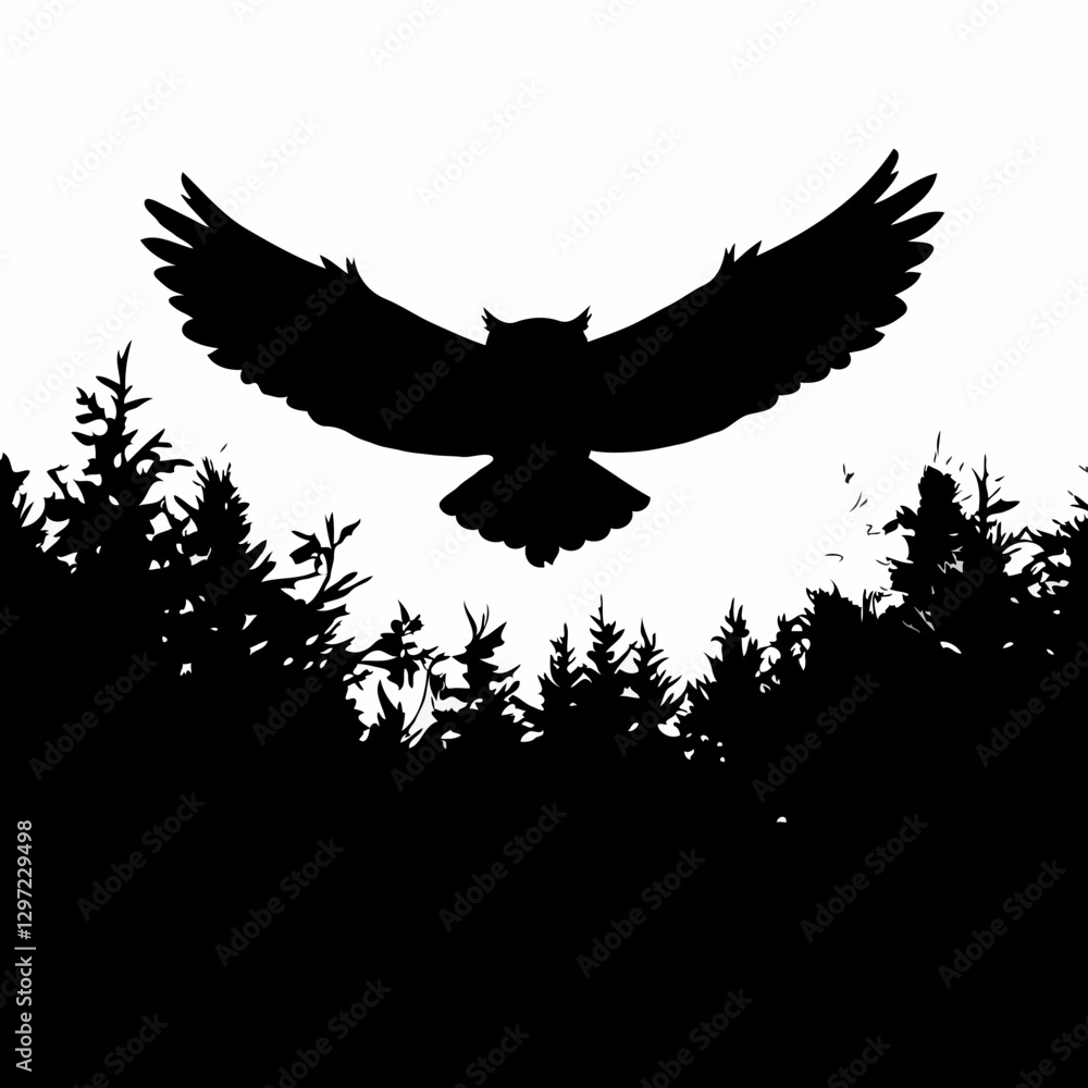 Obraz premium This captivating black-and-white illustration features the silhouette of an owl in flight, wings spread wide as it soars through the night sky above a forest treeline. The stark, high-contrast design 