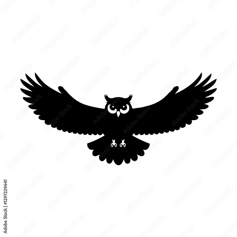 Obraz premium This striking black-and-white illustration features a flying owl silhouette with wings spread wide, embodying both grace and strength. The minimalist design highlights the owl’s majestic form through 