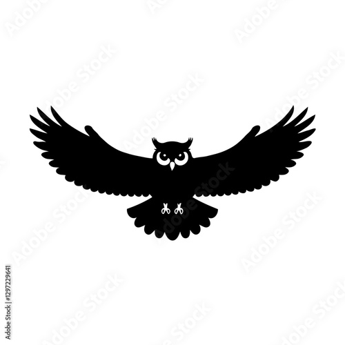This striking black-and-white illustration features a flying owl silhouette with wings spread wide, embodying both grace and strength. The minimalist design highlights the owl’s majestic form through 