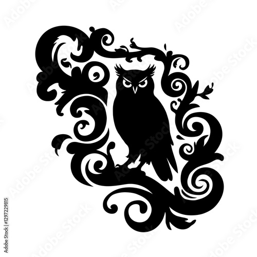 This striking black-and-white illustration presents a stylized owl silhouette, captured in intricate swirling patterns that convey a gothic, dark fantasy aesthetic. The owl’s bold graphic outline stan