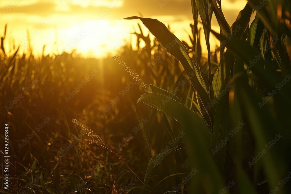 Fototapeta premium Sugarcane Landscape at Sunset: A Glimpse of Green Fields in Mauritius