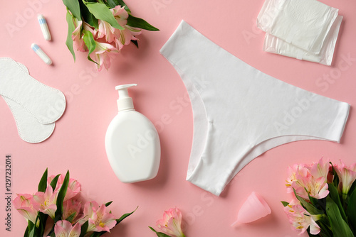 Obraz na plátně Top view feminine hygiene product on pink background