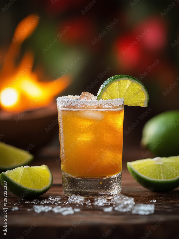 Fototapeta premium the most delicious agave tequila standing on a calavera, salt and lime, Cinco de mayo, Celebrate, Mexican, Drink, Alcohol, Tradition, Festive, Party, Beverage, Cocktail