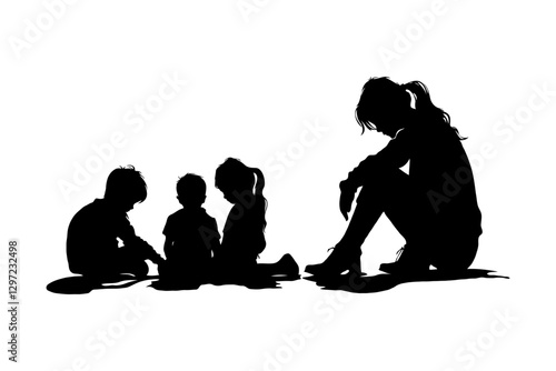 Silhouette of three children sitting together and a woman sitting apart, on a white background. Mother in depression, motherhood burnout