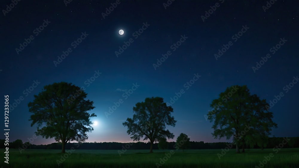 Naklejka premium Moon shining over trees growing in a field at night