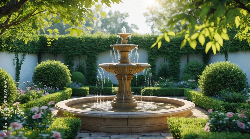 Stone fountain in a lush garden Stone fountain in a lush garden