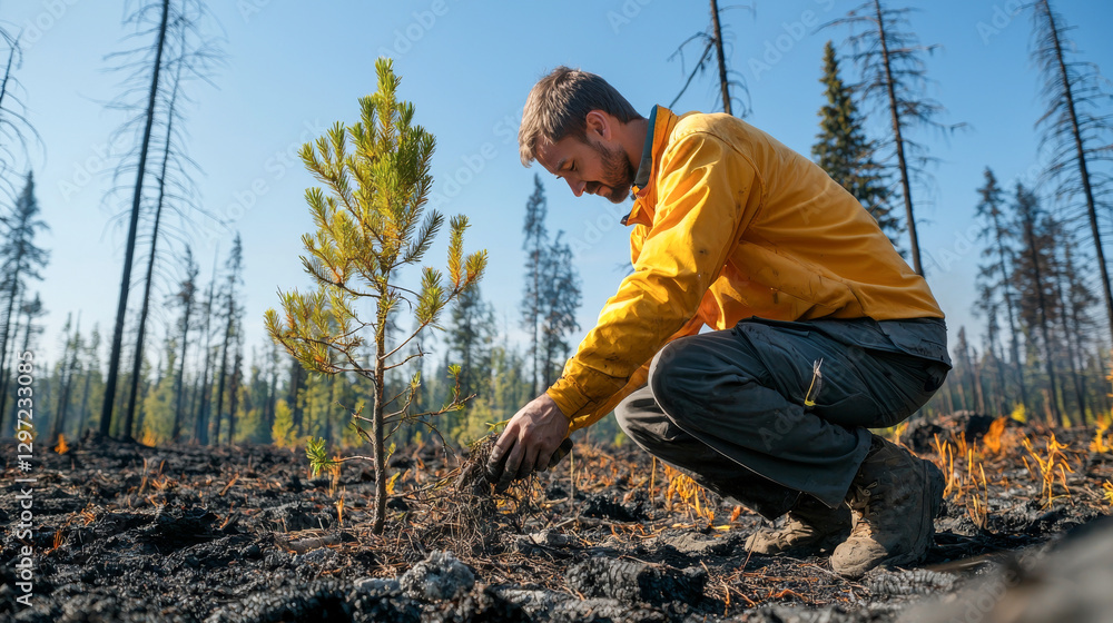 Dedicated male volunteer planting seedling in charred forest. concept of reforestation, environmental recovery, conservation efforts, nature restoration Dedicated male volunteer planting seedling in charred forest. concept of reforestation, environmental recovery, conservation efforts, nature restoration