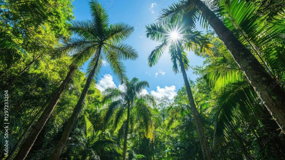 Sun shining through lush palm trees in a tropical rainforest. Sun shining through lush palm trees in a tropical rainforest.