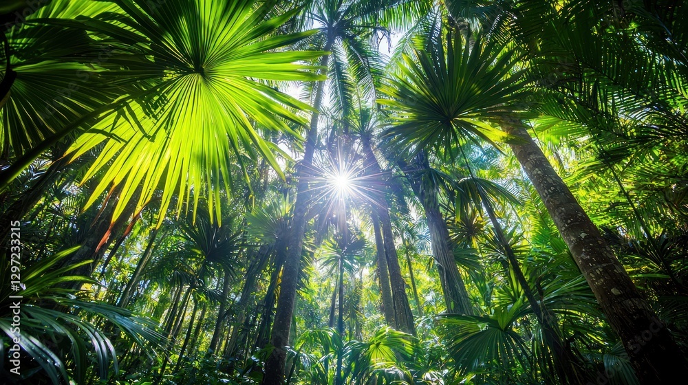 Sun shining through lush tropical palm trees. Sun shining through lush tropical palm trees.